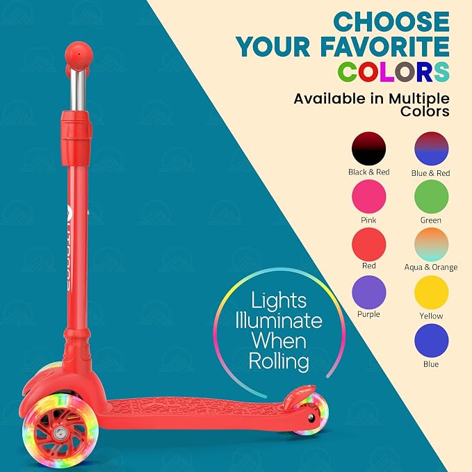 Outdoor Cruiser 3-Wheel Kids Scooter – with Lean-to-Steer Technology, Wide Deck, Led Lighted Wheel, 4-Level Adjustable Height T-bar Handle, Support Kids Up to 150 Lbs, for Boys & Girls Ages 3-8, Red