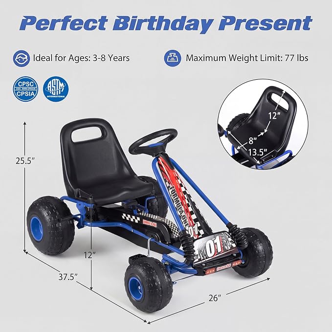 Costzon Pedal Go Kart, 4 Wheel Ride on Toy Pedal Car with Adjustable Seat, Forward/Backward & Handbrake, Outdoor Bicycle Go Cart with Wear-Resistant Wheels, Gift for Boys and Girls (Blue)