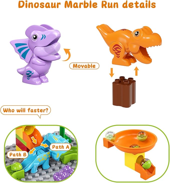 Kids Marble Run Building Block Dinosaur, Montessori Learning Resources STEM Toy Bricks Maze Puzzle Set Race Track Compatible with Major Brands for Age 3 4 5 6 7 8+ Boys Girls Birthdays