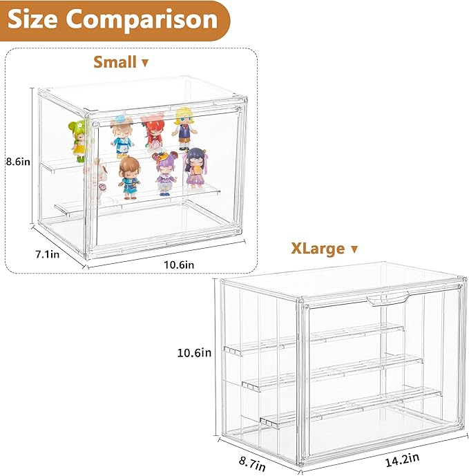 LXLXXL Small Acrylic Display Case for Collectibles 3 Layer Adjustable Display Case with Magnetic Door Clear Stackable Display Box for Mini Figures, 2 Pack