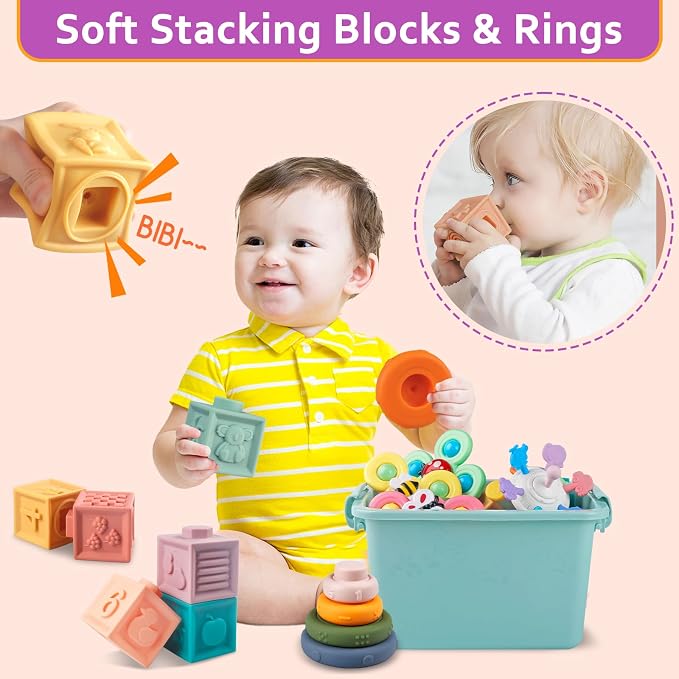 Plunack 6 in 1 Montessori Baby Toys for 6-12 Months — Stacking Blocks & Rings, Pull String, Suction Cup Spinner, Matching Eggs Shape Sorter & Sensory Bin, Infant Developmental Gift Set