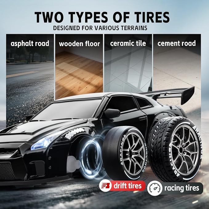 RC Drift Car, 1:24 Scale Remote Control Vehicle with LED Lights, 2.4GHz 20KM/H 4WD High Speed RC Cars, Drifting Tires＆Two Batteries, Racing Sports Toy Idea Gift for Adults Boys Girls and Kids (Black)