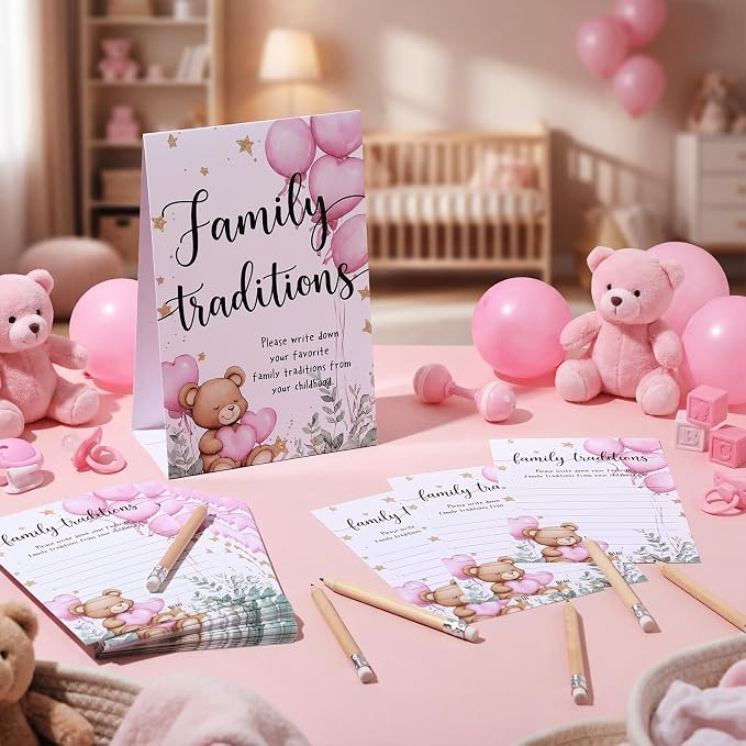 Fumete 61 Pieces Family Tradition Baby Shower Games Include 1 Family Traditions Standing Sign and 50 Activities Cards with 10 Pencils for Gender Reveal Bridal Shower Wedding(Pink,Bear)