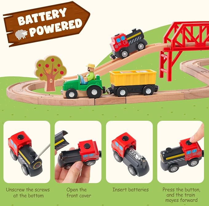 Giant bean 42PCS Wooden Farm Train Set for Toddler, Battery Operated Train Railway Track with Bridge, Barn, Animals,Tractor Cargo, Compatible with Most Brand, for Kids Boys Girls Age 3-8