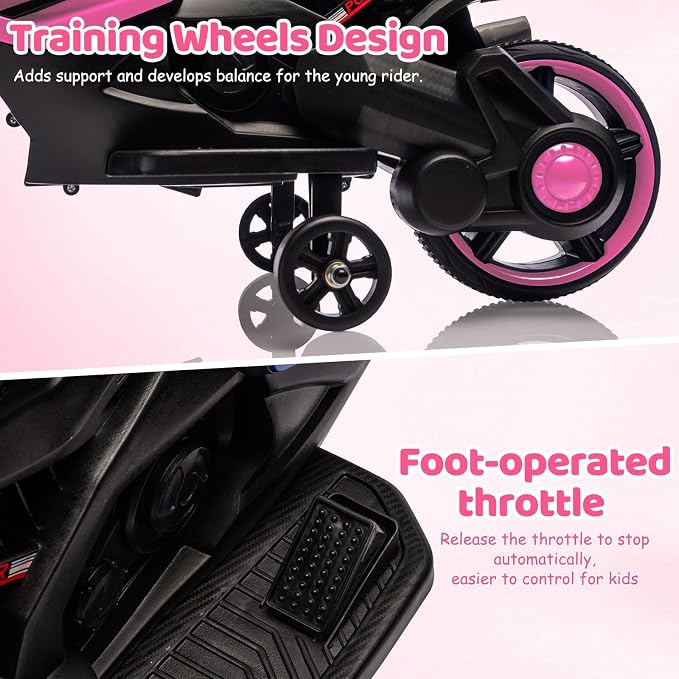 GarveeLife 6V Kids Motorcycle, Electric Ride On Car Toy with Training Wheels, Working Headlight, Horn & Music, Battery Powered Ride On Motorcycle Toy for Toddler Kids Boys Girls Ages 3-5, Pink