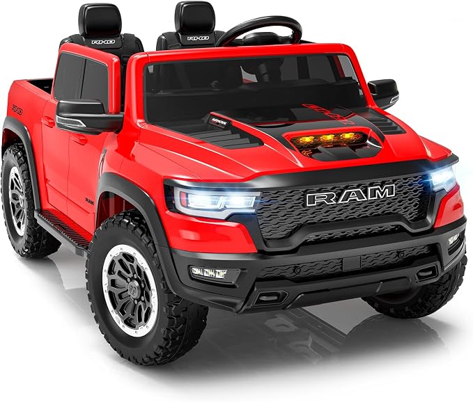 First Ride On 24V Ride On Toys for Big Kids, RAM 1500 2 Seater Ride on Car w/Remote, Battery Powered Truck w/ 4 Wheels Suspension, Toddler Car w/Bluetooth, LED Lights, Trunk