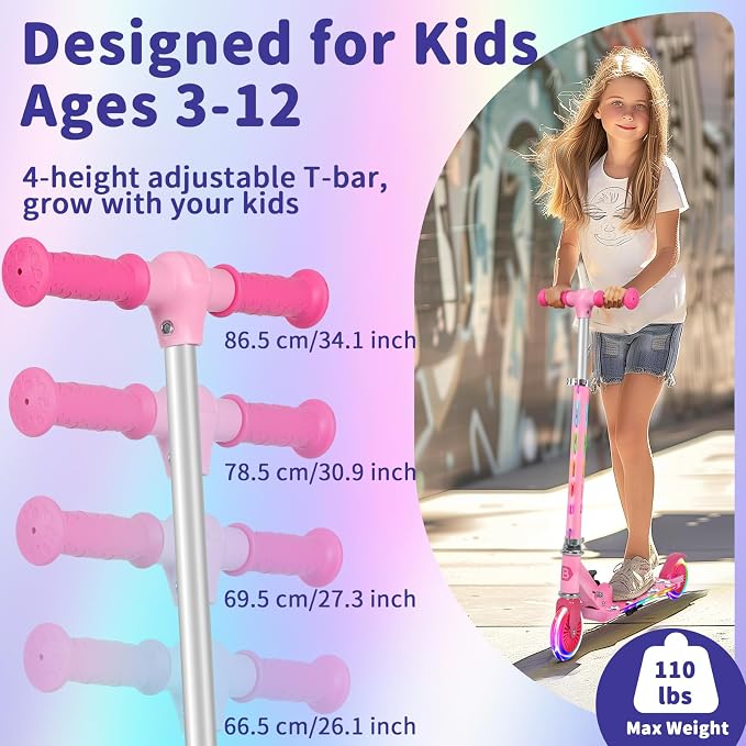 BELEEV V3 Scooter for Kids with Light-Up Wheels & Stem & Deck, 2 Wheel Folding Scooter for Girls Boys, 4 Adjustable Height, Lightweight Kick Scooter with Handy Kickstand for Children Ages 3-12