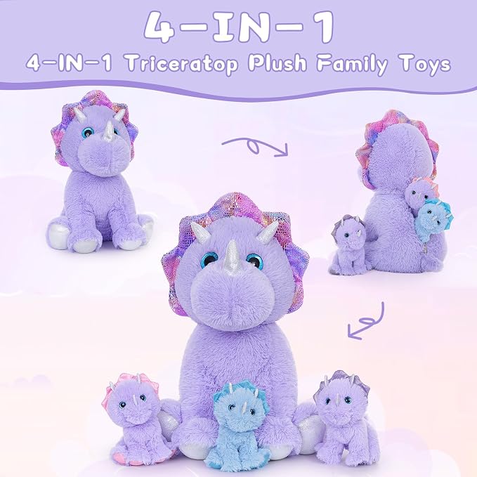 MaoGoLan Purple Triceratops Stuffed Animal, 21" Mommy Stuffed Dinosaur with 3 Babies, Soft Triceratops Plush Toy, Huggable Dinosaur Family for Room Decor, Christmas Birthday Gifts for Kids Boys Girls