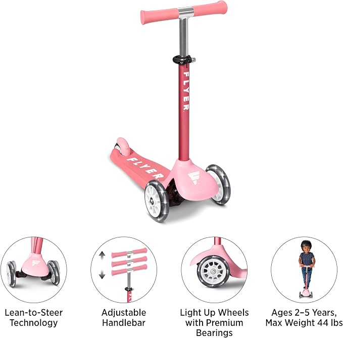 Radio Flyer Glider Jr. Scooter with Light Up Wheels, Pink, for Kids 2-5 Years Old, Lean-to-Steer, Adjustable Handlebar, Rear Foot Brake, Smooth Bearings, Comfort Grips, 3 Wheel Scooter for Kids