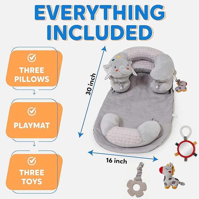 2-in-1 Tummy Time Mat & Baby Lounger Pillow - Seat Support for Baby Play Mat for Babies 0-6 Months, Infant Lounger Activity Center with Newborn Toys, Floor Pillows Sit Me Up (Elephant)