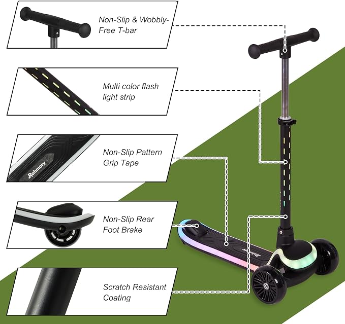 Rahmory Kids Scooter for Boys Girls Ages 3-8, 3 Wheel Light Up Toddler Kick Scooter with 20 Dynamic LED Modes, Foldable Adjustable Height, Extra Wide Deck, Lean to Steer Outdoor Toy Gift
