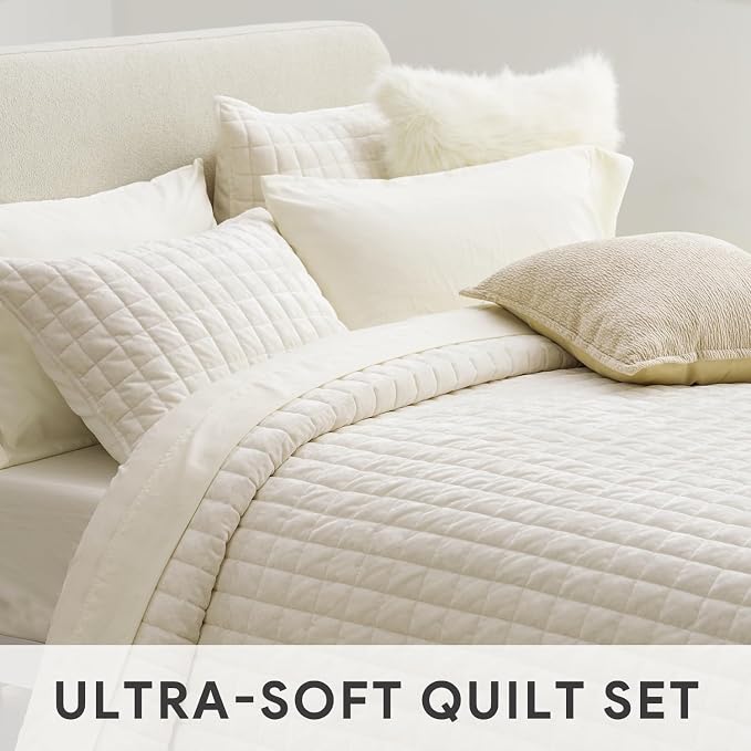 RECYCO Luxury Velvet Quilt Set Twin/Twin XL Size, Lightweight Velvet Comforter Set, Oversized Bedspread Coverlet Quilted Bedding Set, with 1 Matching Pillow Sham, for All Season, Cream White