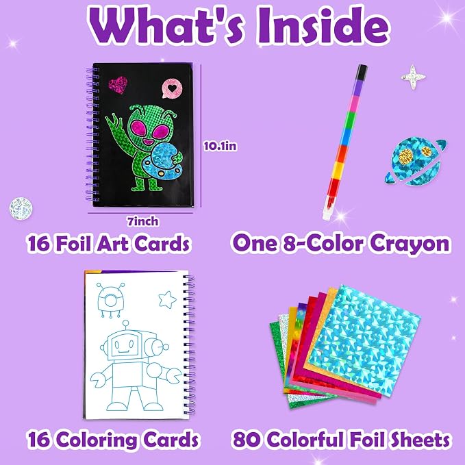 FUNNYB&G Foil Art Craft Kit for Boys 4-10 Years Old: Mess-Free & No-Glue, Create 16 Sparkly Space Pictures – Perfect Travel Toy & Birthday Gift for Kids (Space)