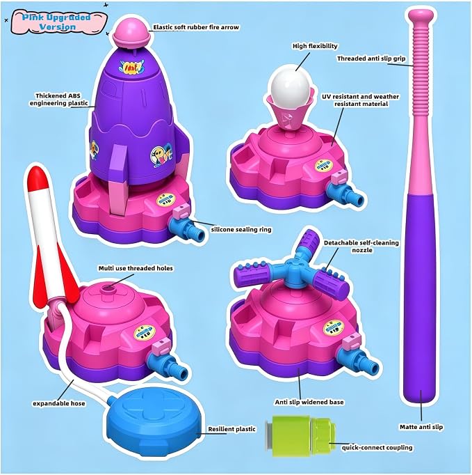 4-in-1 Upgraded Water Sprinkler Toy,Water-Spraying Rocket,Water Baseball,360°Rotating Sprinkler,Foot-Pump Rocket Launch,Outdoor/Yard/Garden/Lawn/Pool Summer Water Game for Kids Age3 4 5 6 7 8Boy Girls