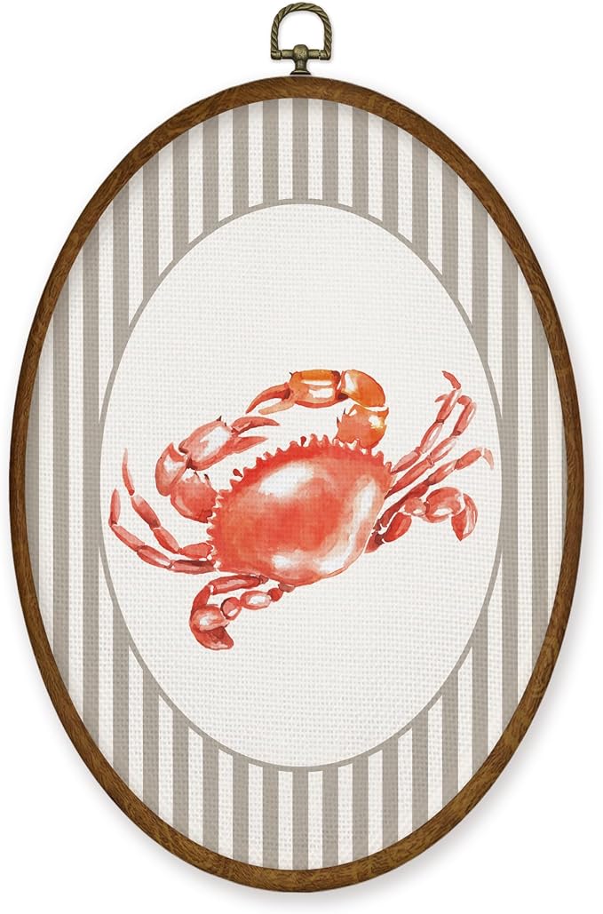 WULQYING Coastal Beach Red Crab Wall Art Decor, Beach Nursery Oval Framed Canvas Art Prints, Neutral Striped Nautical Ocean Crab Wall Hanging Decor for Home Bedroom Kids Nursery Room, 8.6x11.4 Inches
