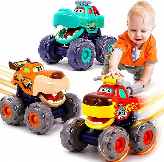 MOONTOY Toy Cars for Toddlers 1-3, 3 Pack Monster Truck Toys for 1 2 3 Year Old Boy Gifts, Baby Animal Play Vehicle Push Pull Back Truck for 12-18 Months 2-4 0-2 1-2 One Year Old Boy 1st Birthday Gift
