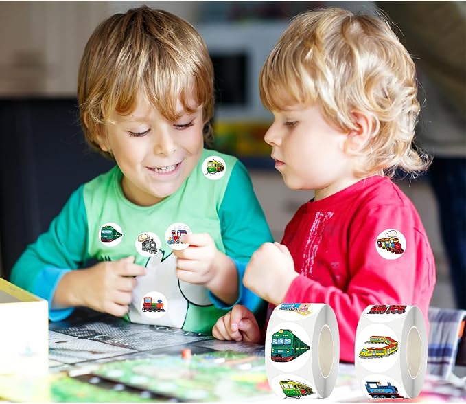 UVUXO 600 Pcs Train Stickers for Kids- 1.5 Inch Round Stickers Roll 16 Tyles Cute Train Kindergarten Stickers Teacher Sticker for Kids Birthday Party School Reward Giveaways