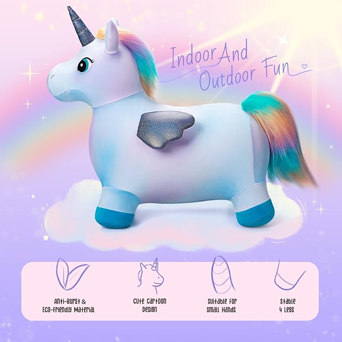 Unicorn Horse Hopper, Inflatable Plush Animal Hopping Toy, Bouncing Riding Hopper for Toddlers, Outdoor Indoor Jumping Toys for Boys Girls, Birthday Gifts for 18 Month 2 3 4 5 W/Free Pump