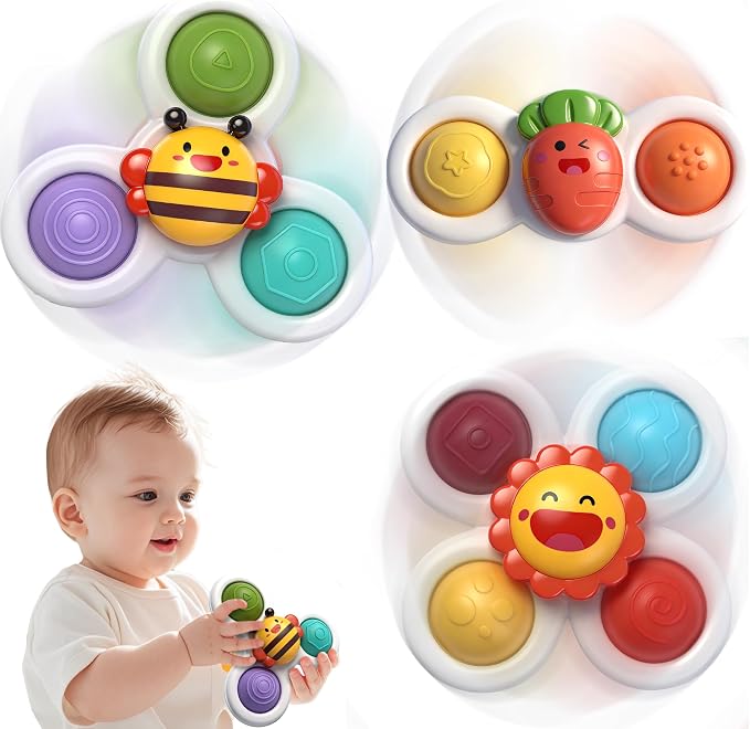 3PC Suction Spinner Toys for Babies 12 Months, Bath & Window Suction Toys, Airplane Travel Activities, Montessori Sensory Fidget Toys, Easter Basket Stuffers Gifts for 1 Year Old Boys Girls
