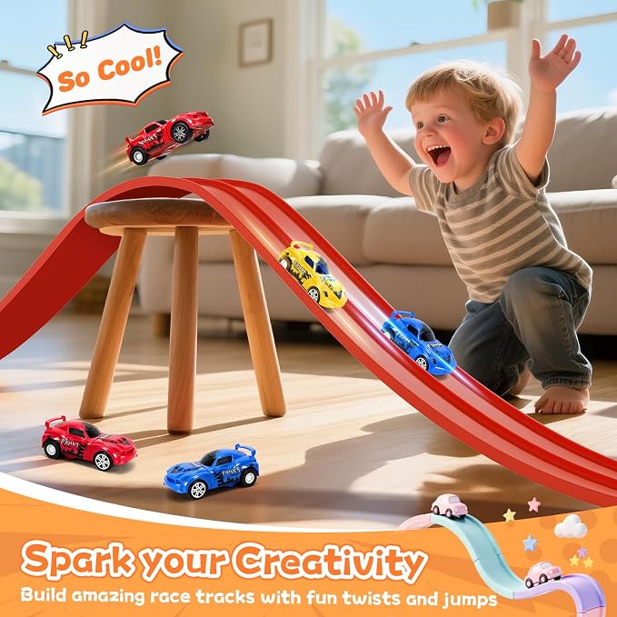 KETIEE Flex Tracks 16Ft for Kids: Flexible Race Car Ramp Track with 2 Small Racecars and 4 Suction Cups Compatible with Diecast 1/64th Cars, Rolls Up Portable Racetrack for Ages 3 & Up