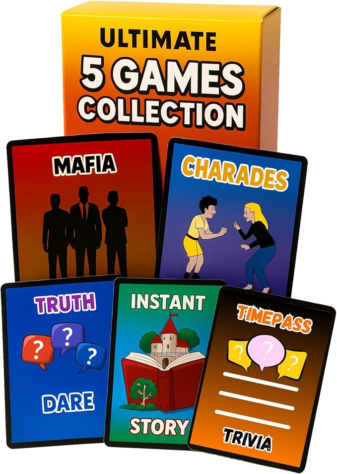 5-in-1 Party Games: Mafia War, 180 Crazy Charades, 150 Trivia Questions, Hilarious Story-Building, and Unheard Truth or Dare Challenges, up to 30 Players