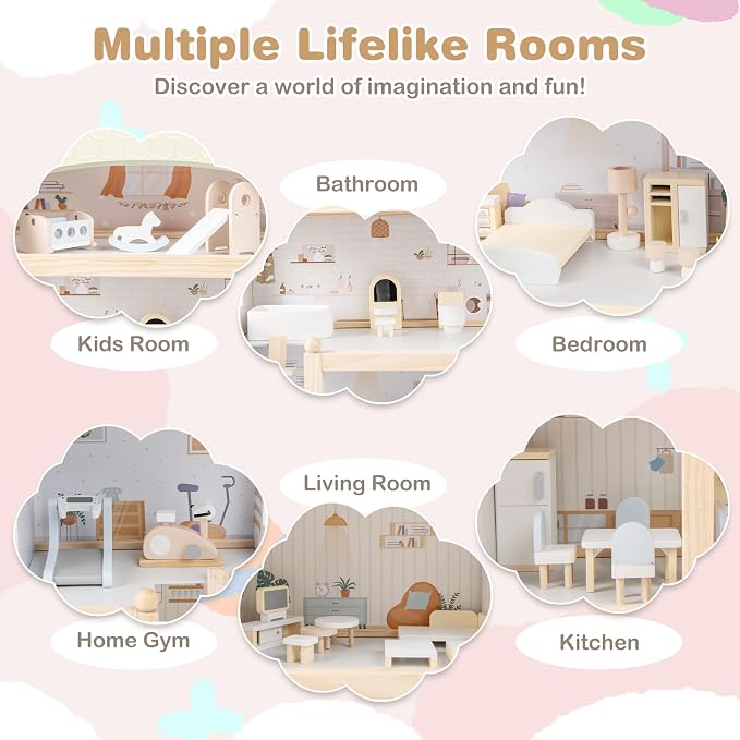 HONEY JOY Doll House, 4-Story Wooden Dollhouse Playset w/ 6 Rooms, 33 Accessories & Miniature Furniture, Pretend Play Toys Kit, 2.56 Feet Toddler Big Doll House, Gift for Kids Aged 3+