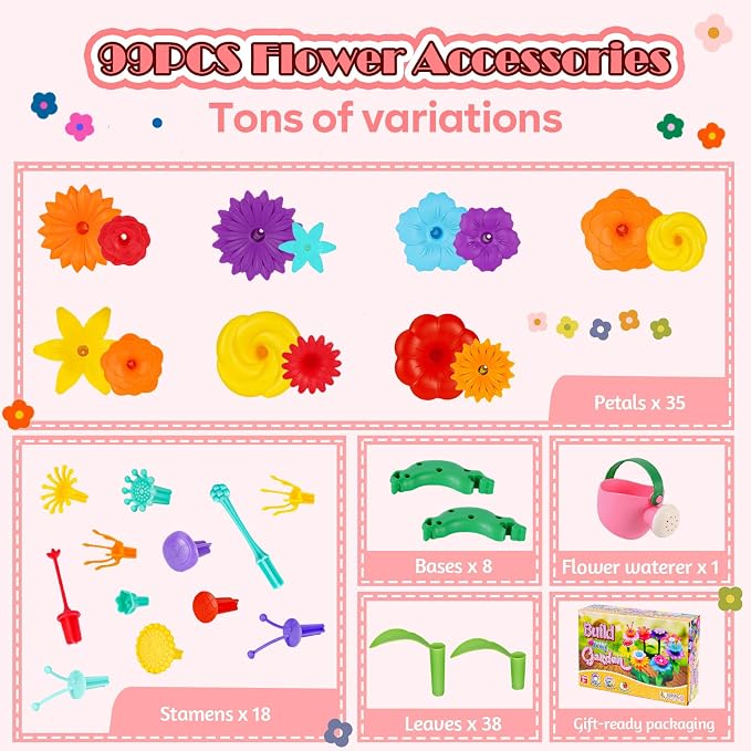 FUNZBO 99pcs Girls Flower Garden Building Toys Set - Spring Toys for 3 4 5 6 7 8 9 Years Old Girls, STEM Montessori Educational Toys for Toddlers Kids,Sorting & Stacking Toy for Birthday Gifts