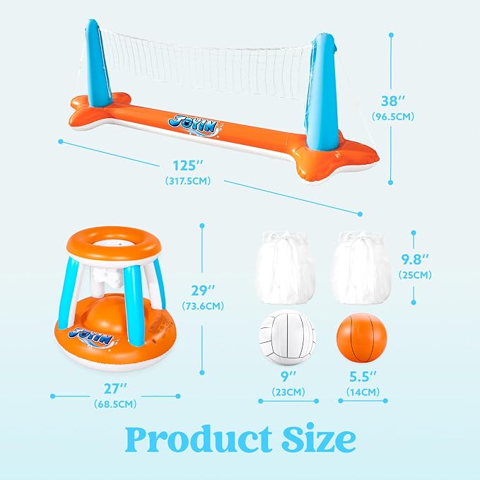 JOYIN XL Inflatable Pool Float Set, 125'' Volleyball Net & Basketball Hoops, Extra Large Floating Swimming Game Toy for Kids and Adults, Summer Floaties, Volleyball Court|Basketball, XL-Orange