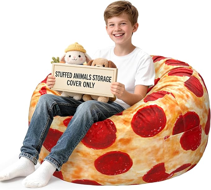 Lukeight Pizza Stuffed Animals Storage Bean Bag Chair Cover for Kids Teens, Cozy Velvet Plush Toy Organizer Seat, Cover Only, No Filling Included, Long YKK Zipper, Side Pocket, XX-Large 36 x 20 in