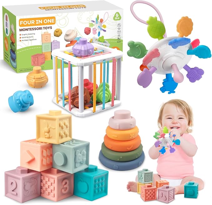 Plunack 4-in-1 Baby Toys for 6-12 Months - Montessori Soft Stacking Blocks for Babies 9 Months+, Infants Teething Toys, Sensory Balls and Educational Learning Set for Toddlers (Boys & Girls)