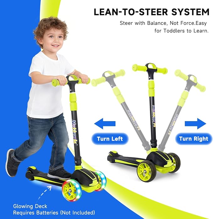 Nattork Kids Scooter for Age 3-8, Toddler Scooter with 4 Adjustable Height for Boys & Girls, Light Up 3-Wheels Foldable Kick Scooter, Lean to Steer, 120LB Weight Capacity
