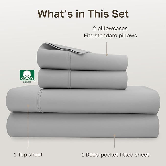 California Design Den Soft 100% Cotton Sheets Full Size Set, 400 TC Good Housekeeping Award Winner, Silky Smooth Sateen Weave with Deep Pockets, Breathable and Durable Cotton Bedding Set - Light Grey
