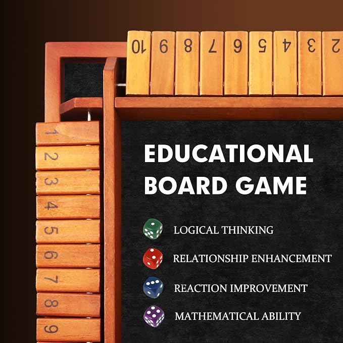 TooyBing Upgraded 1-4 Players Shut The Box Dice Game, Wooden Board Table Family Game for Kids and Adults with 12 Dice, Classic Tabletop Math Game for Pub Classroom Party, Gift for Christmas Birthday