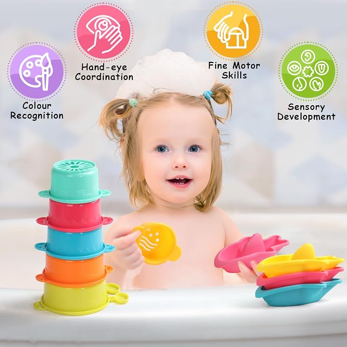 Zeewoo Baby Bath Toys for Kids Ages 1-3 Toddler Bath Toys Mold Free Bathtub Toys for 12+ Months Pool Water Table Beach Sand Toys Stacking Cups Floating Boats for 1+ Years Old Girls Boys Gifts 11 PCS