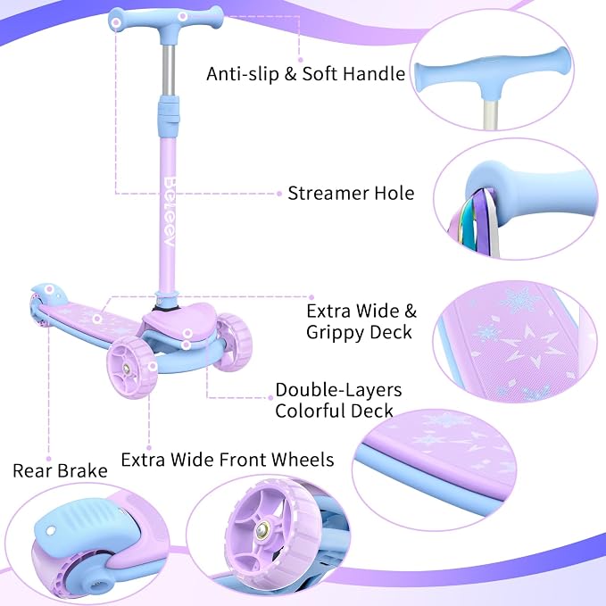 BELEEV A8 Scooter for Kids Ages 3-12, 3 Wheel Folding Scooter for Toddlers Girls Boys, LED Light-Up Wheels, 4 Adjustable Height, Lean to Steer, Extra Wide Wheels, Three Wheel Kick Scooter for Children