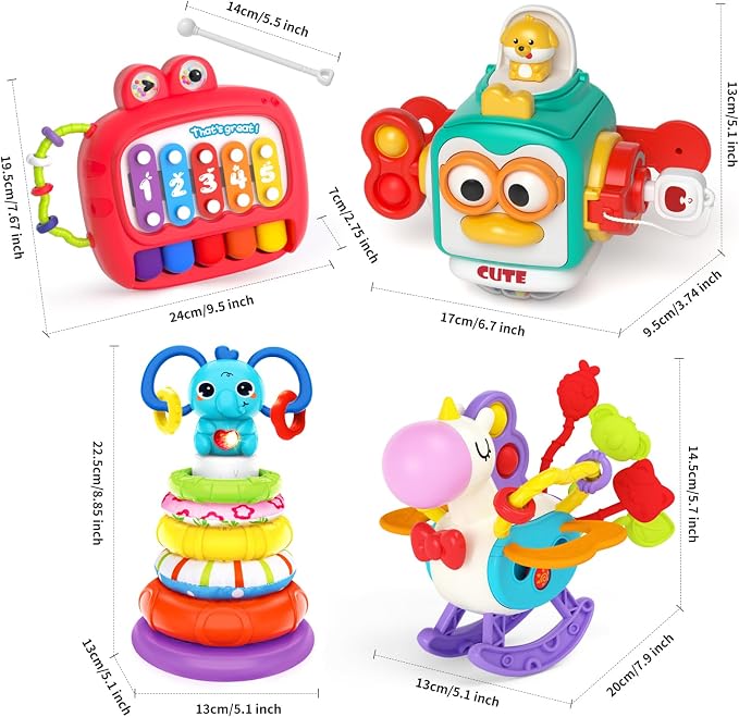 usrela 4 in 1 Baby Toy for 12 18 Month, Learning Toys for Babies 12-18 Months, Baby Busy Cube, Stacking Sorter, Pull String & Piano Xylophone Travel Toy, Birthday Gift for 1 2 Year Old
