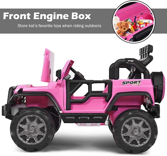 Costzon 2-Seater Ride on Truck, 12V Battery Powered Electric Vehicle Toy w/Storage, Remote Control, 3 Speed, LED Lights, MP3, Horn, Music, 2 Doors Open, Spring Suspension, Ride on Car for Kids (Pink)