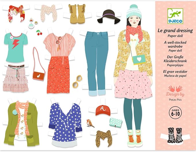 DJECO Paper Doll Fashion Dressing Room - Dress Up Dolls, Endless Outfits for Home, School or Gifts - Fun & Creative for Family & Friends - Playful, Educational Art Toys for Girls, Kids