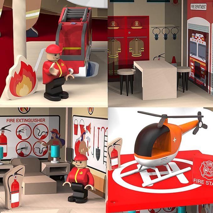 Wooden Fire Station Playset, Multicolor 3-Level Pretend Play Dollhouse with Figures, Truck, Helicopter and Accessories, Preschool Learning Educational Toys for Toddlers Kids Age 3 and up
