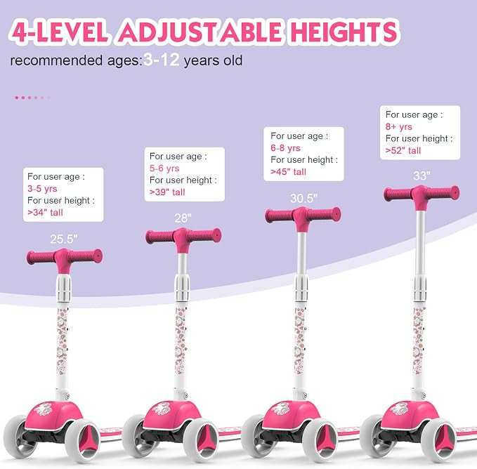 MOUNTALK Kids Scooter for Ages 1-12 Years, 3 Wheels Toddler Scooter for Children Age 1-3/3-5/5-8/8-12 Boys and Girls with Adjustable Heights and LED Wheels