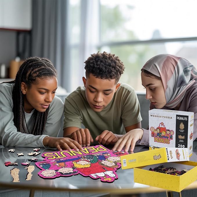 Peanuts Snoopy Puzzles for Adults – Charlie Brown Wooden Jigsaw Puzzles, 200 Pieces Unique Shaped Wooden Puzzle, Family Game, 5MM Thick, Officially Licensed Merchandise – Friends, 13.1" x 10.6"