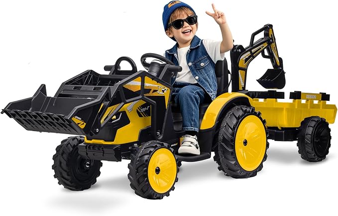 3 in 1 Ride on Tractor, 24V Ride on Toy for Big Kids, Excavator Bulldozer - Battery-Powered Electric Vehicle w/Trailer, Digger, Remote Control, LED Lights, Music, USB, Battery Powered, Yellow