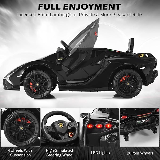 INFANS 12V Licensed Lamborghini Sian Kids Ride On Car with Parent Remote Control, Spring Suspension, MP3 Player, Electric Toy Roadster Carbon Fiber Textured for Toddler (Black)