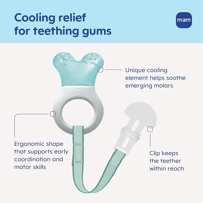 MAM Mini Cooler Baby Teether with Clip – Cooling Teething Ring for Teething Relief, Lightweight Easy-Grip Handle, Reaches Back Teeth, Refrigerator Safe Infant Teething Toy, 1 Pack, Pink