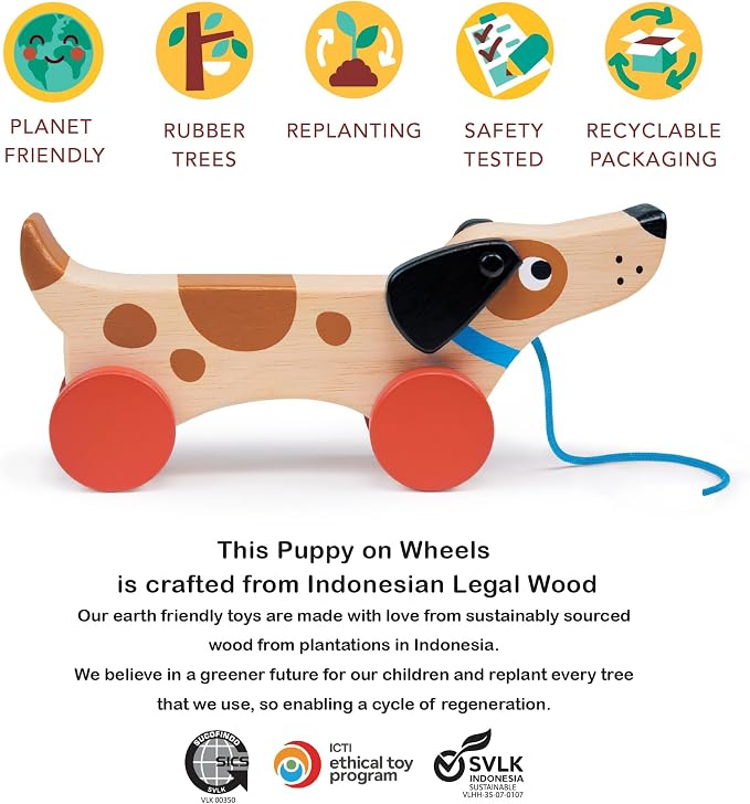 Mentari Toys - Puppy on Wheels - Wooden Dog Pull Toy for Toddler Walking for 18M+ Boys and Girls - Sustainable Rubberwood - Educational Motor Skills & Imaginative Play - Gift for Preschoolers