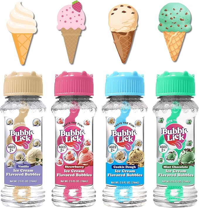 Bubble Lick Ice Cream Flavored Bubbles 4 Pack Vanilla Cookie Dough Strawberry Choc Mint USA Made