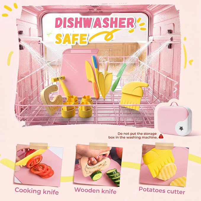 Montessori Kitchen Tools for Toddlers,Kids Knife for Real Cooking,Toddlers Knife Set with Storage Box Kids Safe Knives Children Cutting Set and Peeler,Montessori Toys for Kitchen Set -Pink