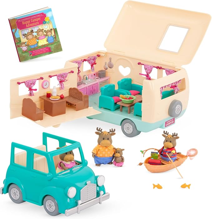 Li'l Woodzeez – 53 Pieces Happy Camper Playset with Moose Family, Detachable RV Trailer & Vehicle – Dollhouse Furniture & Accessories – Pretend Play Gift for 3+ Years Years