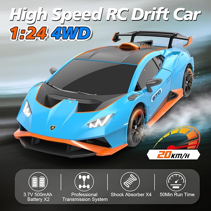 YONCHER RC Drift Car, Remote Control Car for Kids Lamborghini Officially Licensed, 1:24 20KM/H 4WD with Lights, Fast Racing Toy Car for Boys Girls, Blue