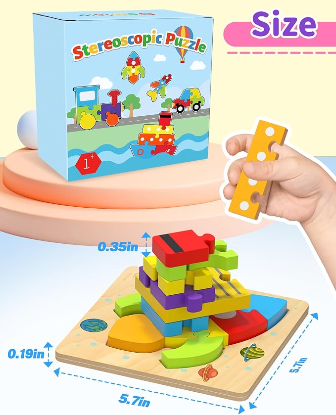 Wooden Puzzles Toddler Toys for 1 2 3 Years Old Boys Girls, 6 Vehicle Shape Learning Educational Blocks Birthday Gifts Sensory Toy Montessori Toys Age 1-3, 2-4
